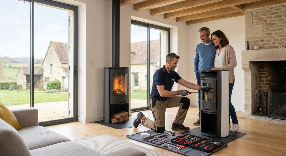 Un technicien professionnel installant ou effectuant la mise en service d'un poêle à bois ou à granulés dans le salon d'une maison, montrant le professionnel travaillant sur l'appareil avec attention et professionnalisme, en interaction avec le client présent qui observe le travail.