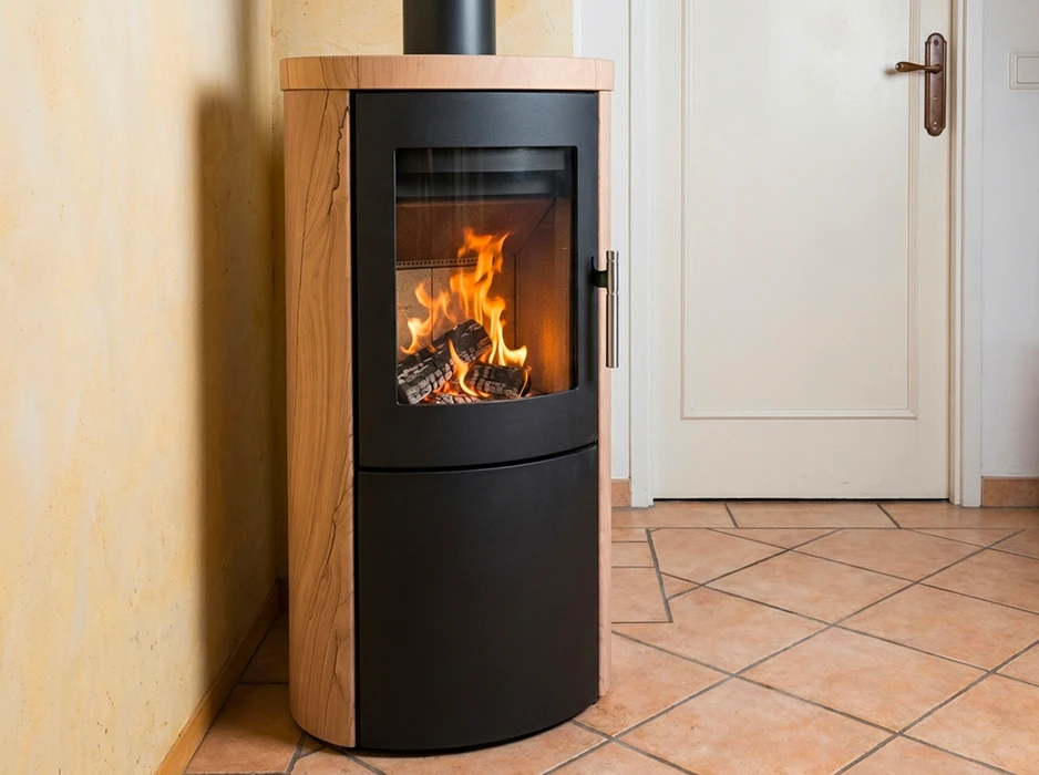 Intérieur résidentiel, poêle à bois design noir autonome en fonte émaillée, vitrage frontal rectangulaire révélant un foyer actif avec bûches en combustion et flammes vives