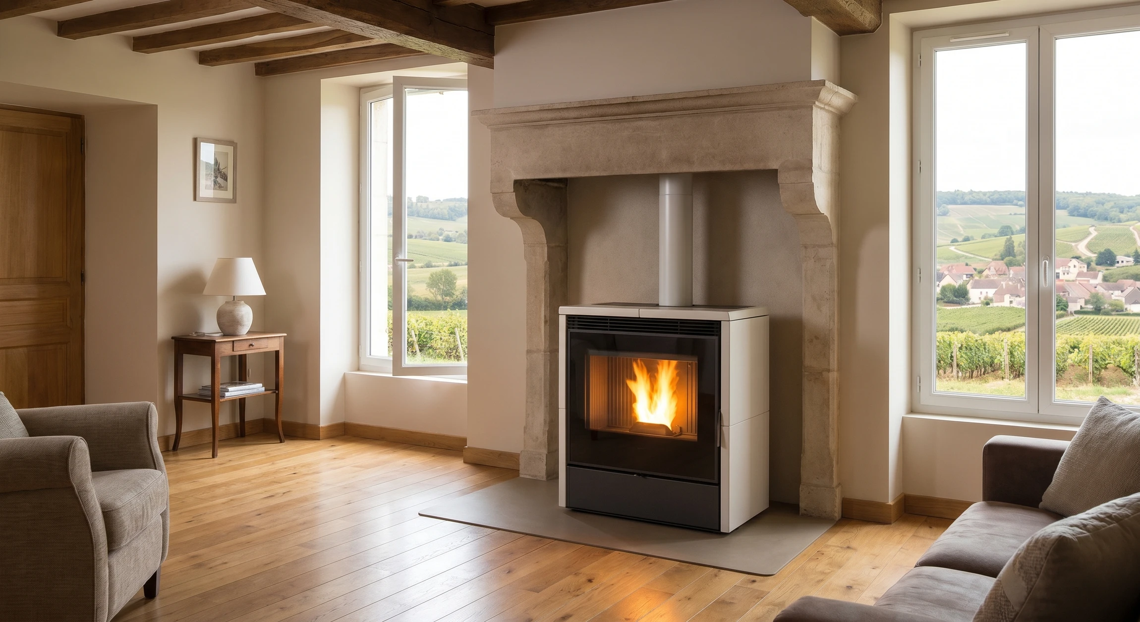 Photographie d'un poêle à granulés moderne et élégant installé dans un intérieur résidentiel chaleureux, avec flammes visibles par la vitre frontale, en fonctionnement. Le poêle doit être le point focal central de l'image, montrant clairement sa structure, sa finition professionnelle et son intégration harmonieuse dans un salon ou espace de vie. Éclairage naturel mettant en valeur les flammes et la qualité du matériel.