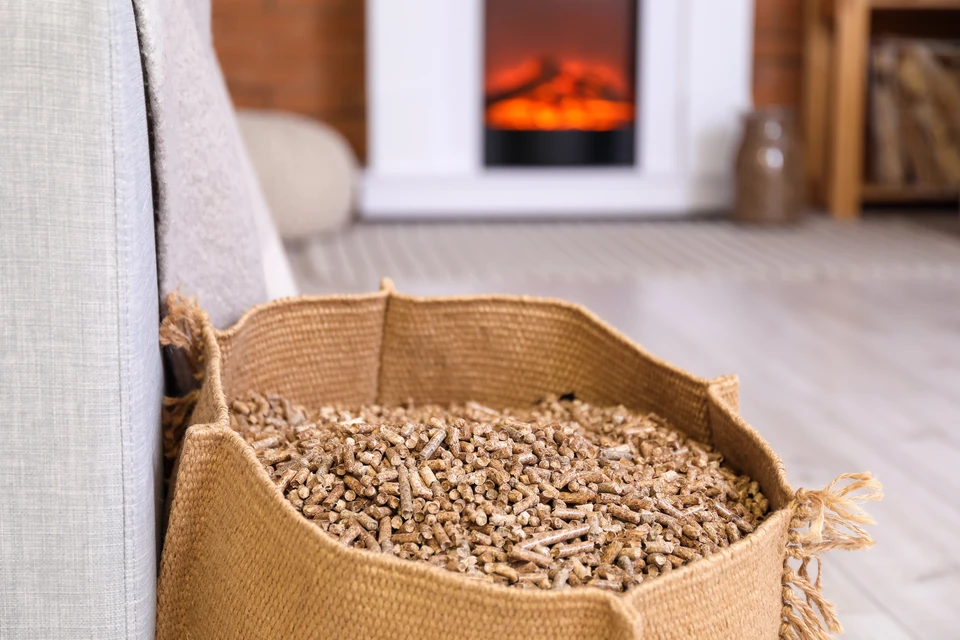 Feu de granulés de bois en combustion avec flammes oranges vives, pellets cylindriques beiges non consumés au premier plan