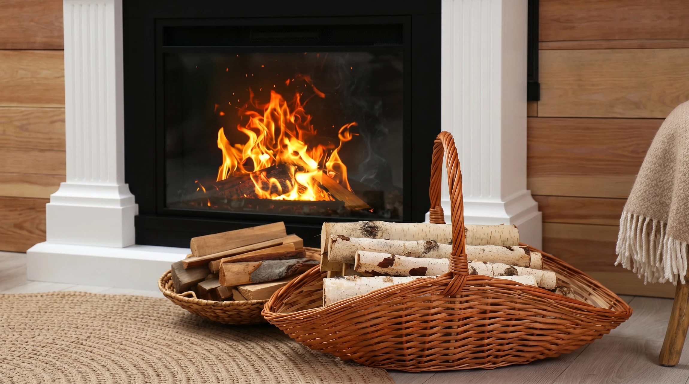 Cheminée moderne encastrée en fonctionnement avec flammes vives et bûches en combustion