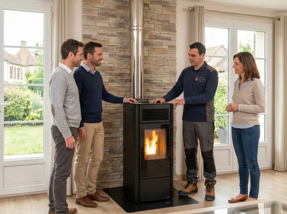 Technicien ou installateur en uniforme professionnel discutant avec un client à proximité d'un poêle à bois ou poêle à granulés nouvellement installé dans un intérieur résidentiel. L'installateur montre ou explique au client le fonctionnement du poêle, symbolisant l'accompagnement personnalisé du conseil à la mise en service. L'environnement doit être celui d'une maison ou d'un showroom avec le poêle clairement visible et fonctionnel.